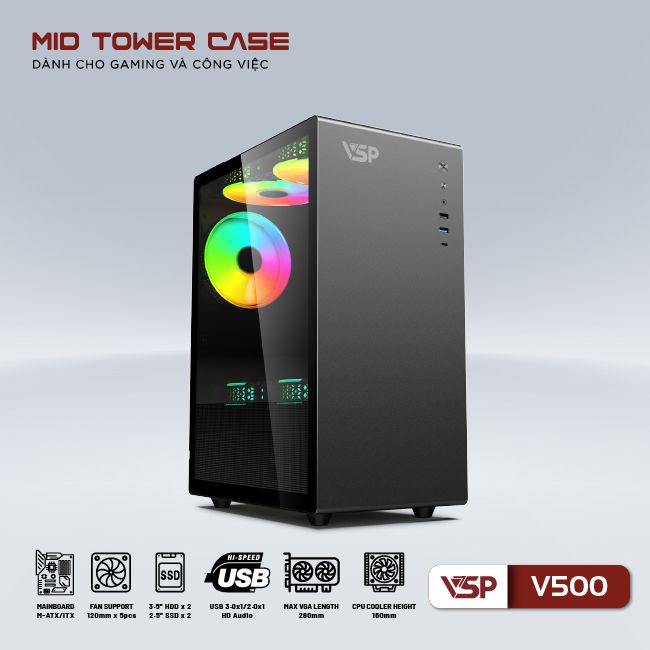 Vỏ thùng VSP V500 - Đen (mATX/Mid Tower)( Không FAN)