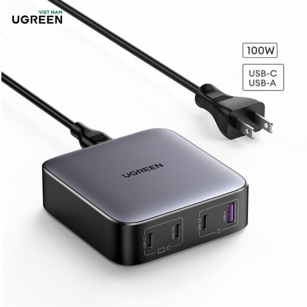 Bộ chuyển đổi Quick charge GaN 100W,ra 3*USB-C+1 USB3.0,vào dây nguồn số 8 Ugreen 90736